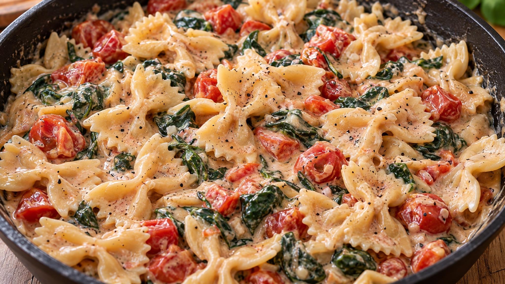 Cremige Spinat-Tomaten-Nudeln mit Knoblauch