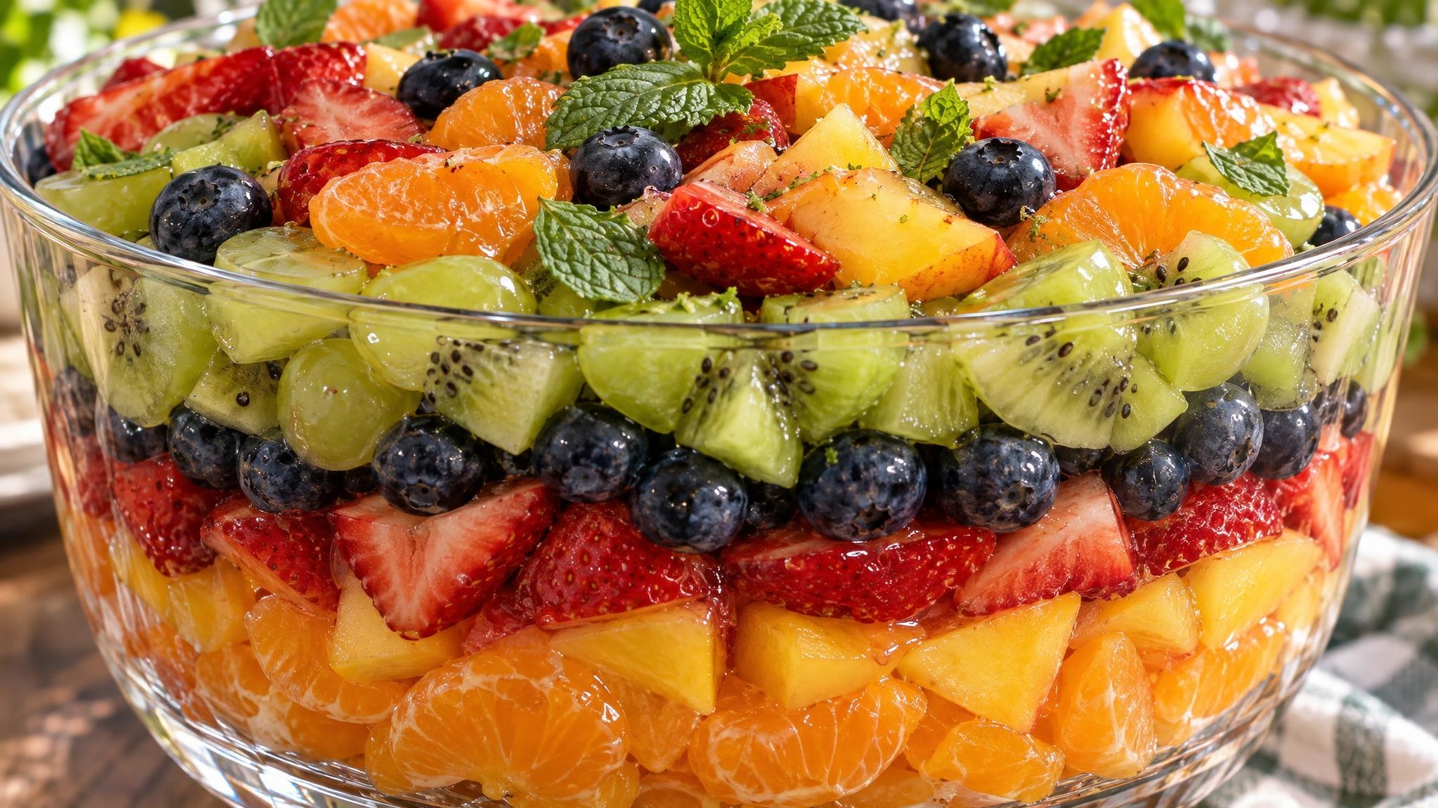 Frucht-Schicht-Salat mit Pfirsichen und Heidelbeeren