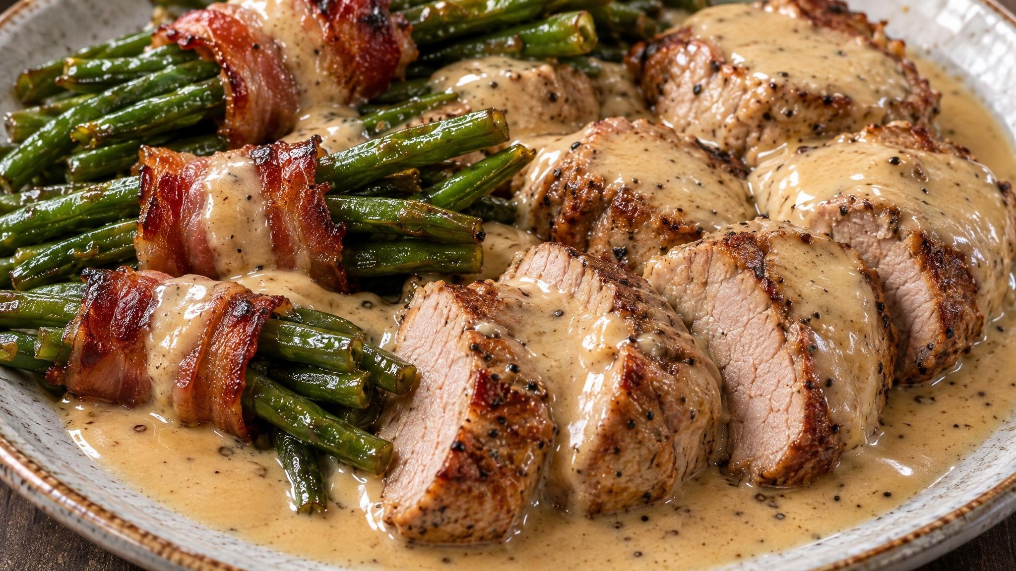 Mariniertes Schweinefilet mit Speckbohnen und Rahmsoße