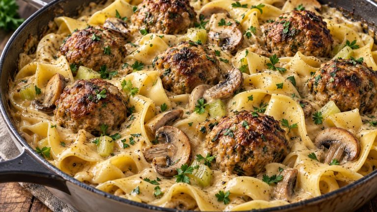 Nudeln mit Pilzsoße und Hackbällchen