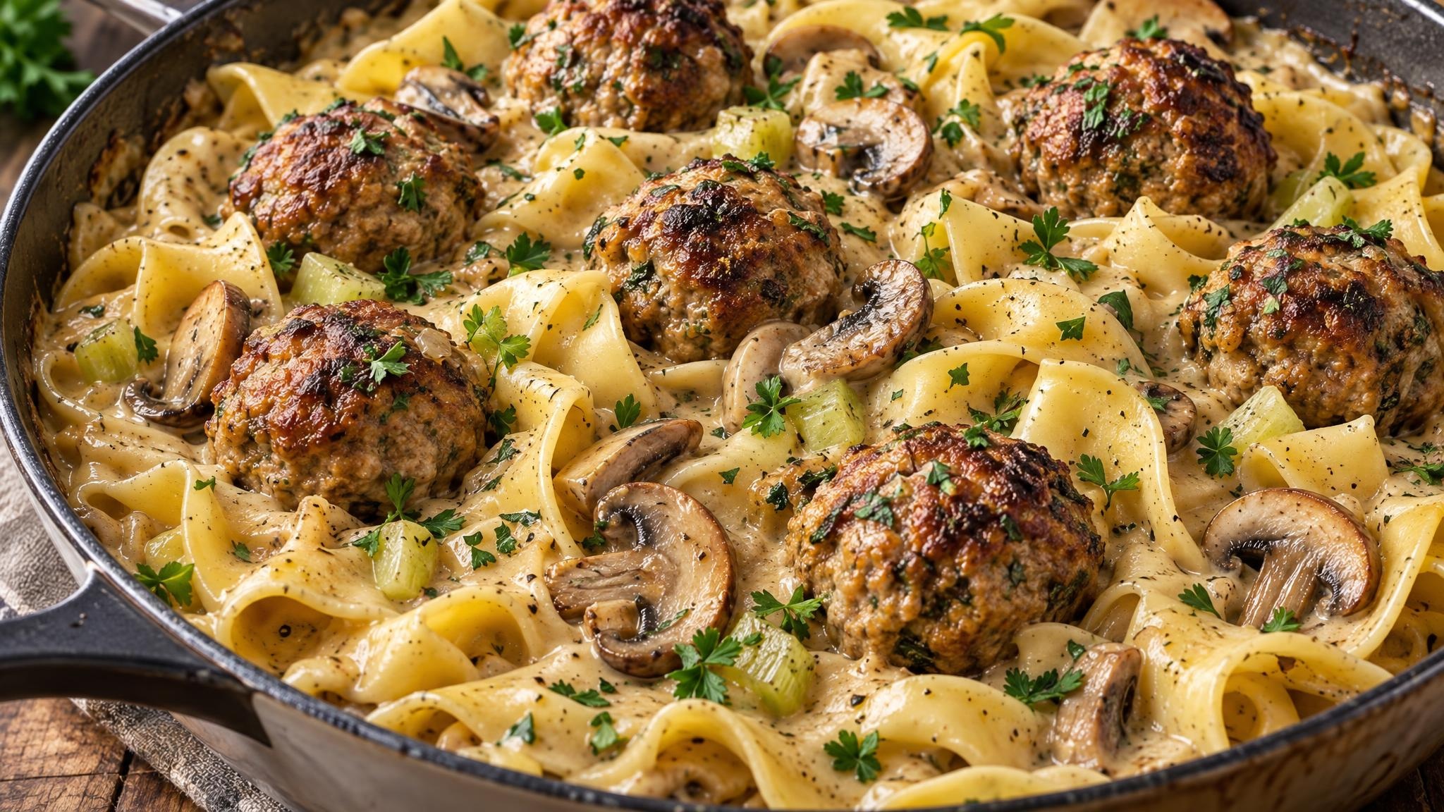 Nudeln mit Pilzsoße und Hackbällchen