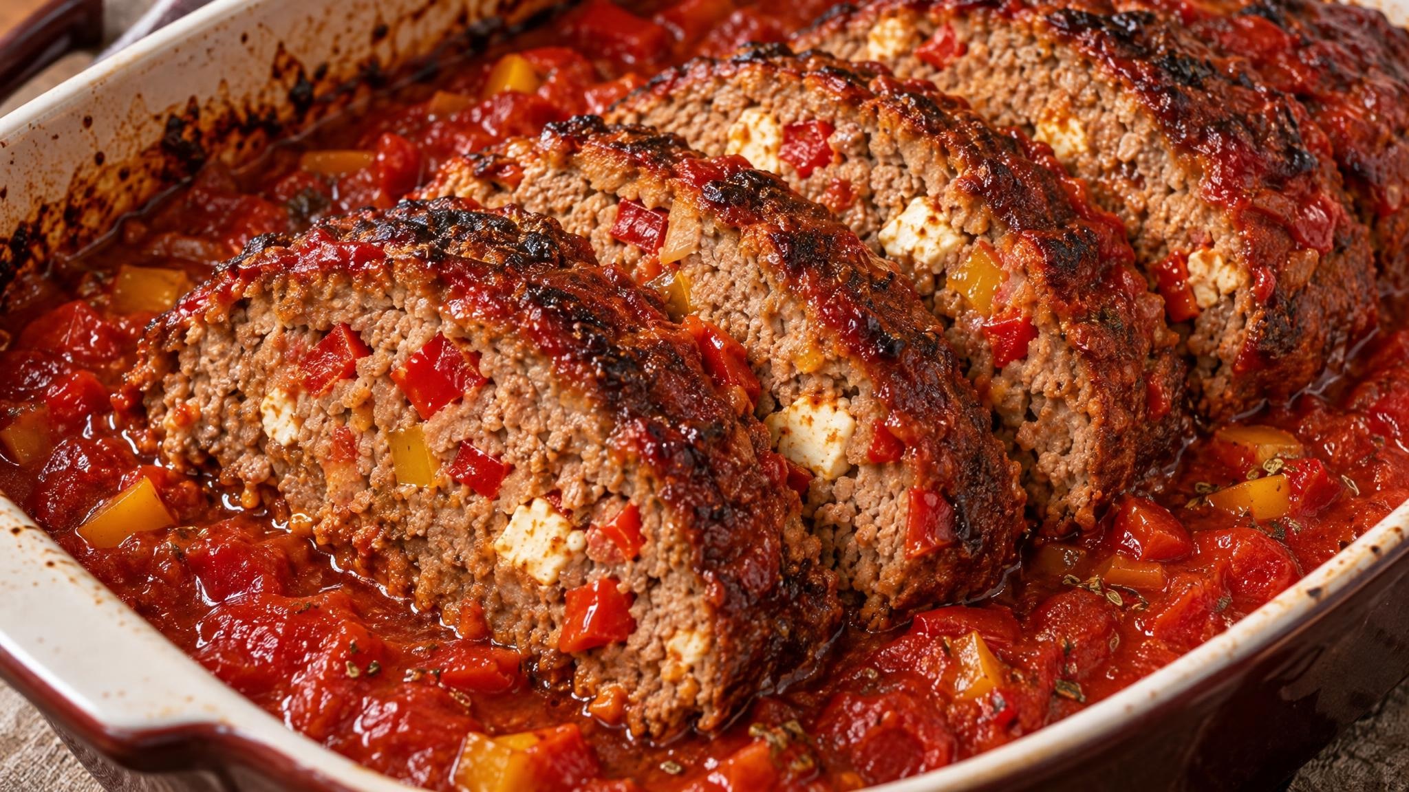 Paprika-Feta-Hackbraten mit Tomatensauce