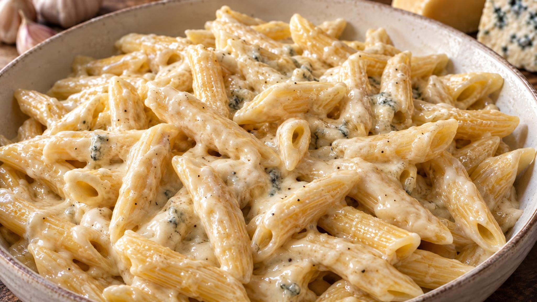 Penne in Knoblauch-Käsesauce mit Gouda und Gorgonzola